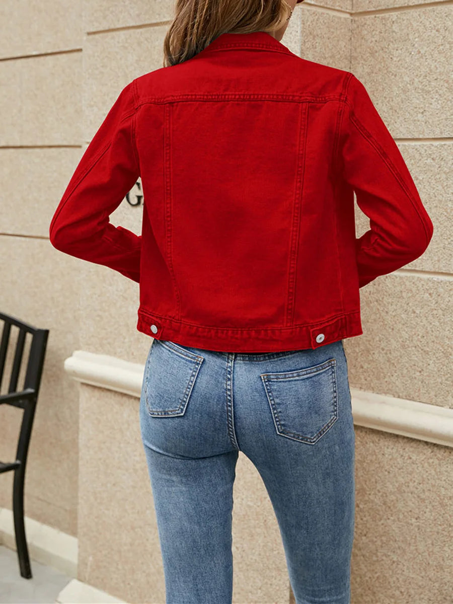 Women Denim Jacket Solid Color Black Blue Yellow Pink Red Casual Long Sleeve Button Down Chest Pocket Jean Jacket