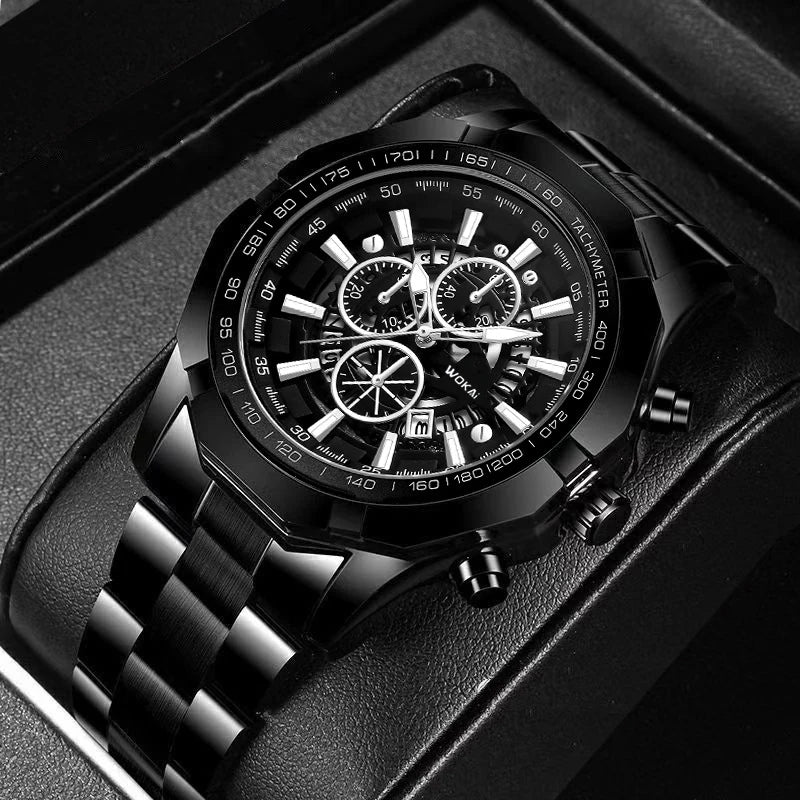 WOKAI high quality large dial men's European style waterproof luminous personality calendar watch boy business clock retro