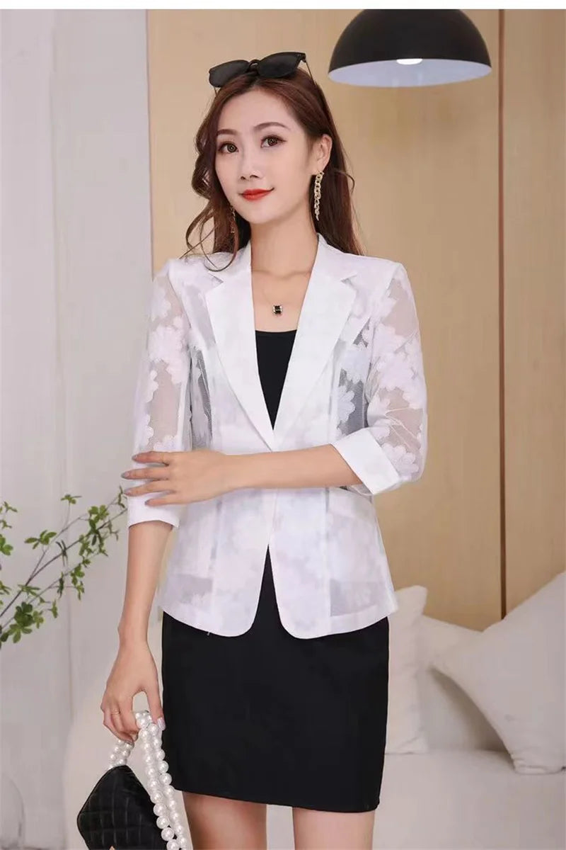 Women Blazer Jacket Spring Summer New Thin Cardigan Sun Protection Clothing Hollow Lace Three-quarter Sleeve Suit Top Ladies