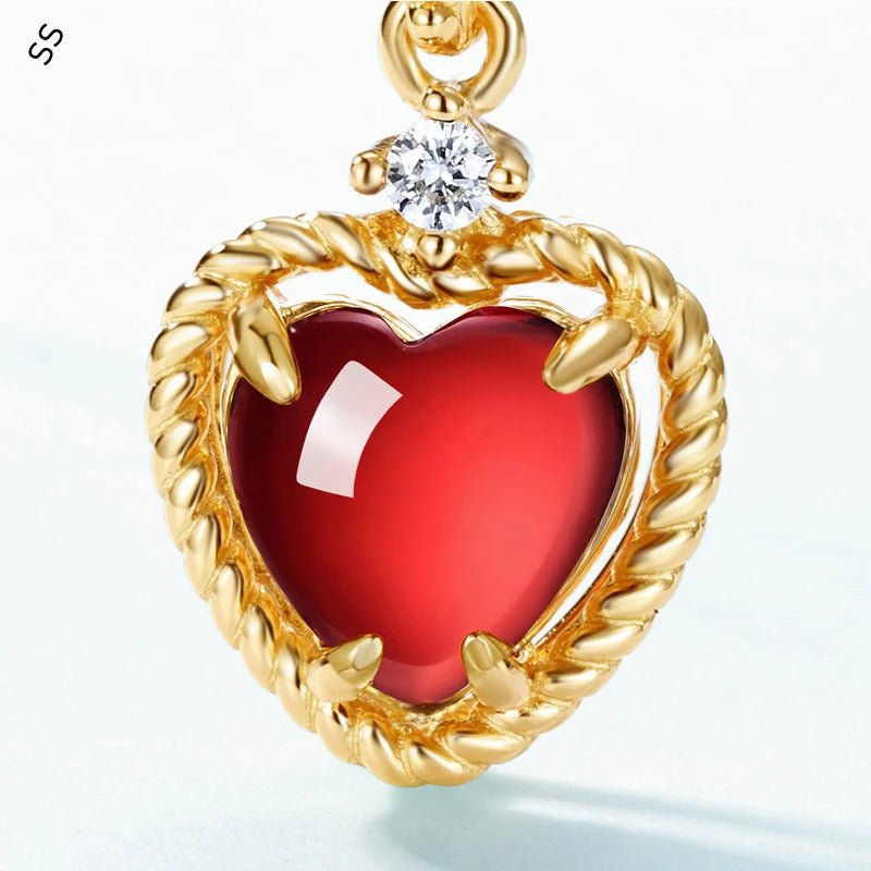 Japanese Style Vintage Red Garnet Heart Necklace 925 Sterling Silver Gold Tone Finish Chain Unique Minimalist Jewelry Gift
