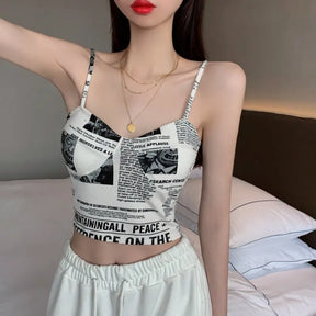 Women Push Up Camisole Padded Bra Sexy Top Suspender Tanks Fashion Printed Newspaper Camis Female Soft Sleeveless Tube Tops