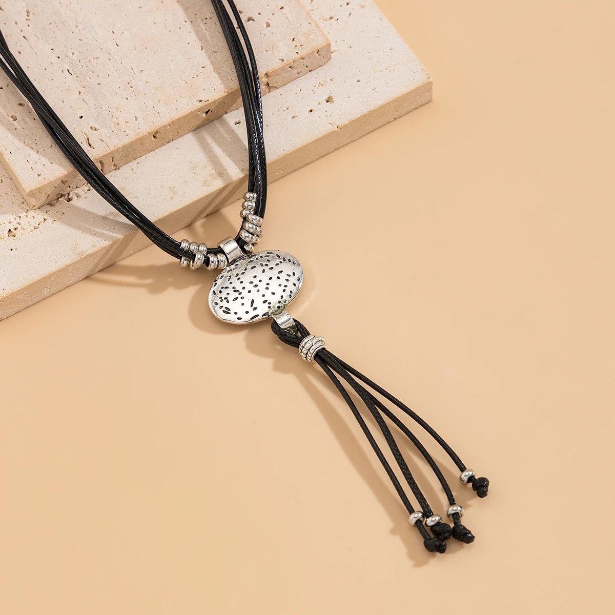 Lacteo Retro Leather Wax Necklace Women Round Silver Color Pendant Long Tassel Ethnic StyleThread Chain Neck Jewelry New Year