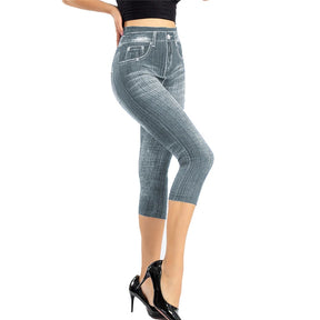 Summer Women Fashion High Waist Skinny Jeans Knee Length Denim Capri Pants High Waist Skinny Jeans Knee Length Denim Pants