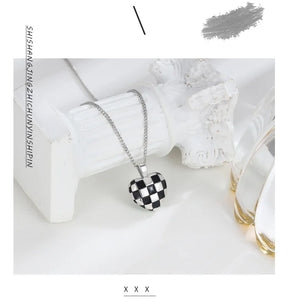 Classic S925 Sterling Silver Black and White Checkered Love Heart Necklace-Unique Nordic Style Jewelry