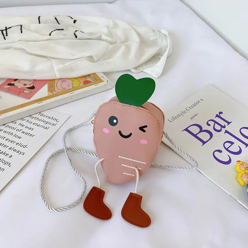 New Mini Cartoon Carrot PU Leather Children's Small Crossbody Bag Cute Kids One Shoulder Bag Boy Girl Sweet Messenger Bag Purse