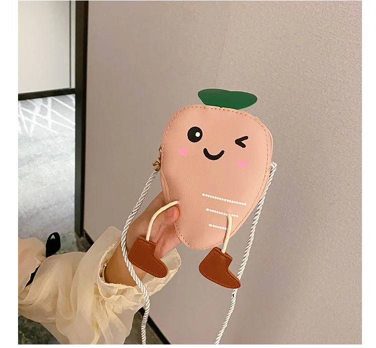 New Mini Cartoon Carrot PU Leather Children's Small Crossbody Bag Cute Kids One Shoulder Bag Boy Girl Sweet Messenger Bag Purse