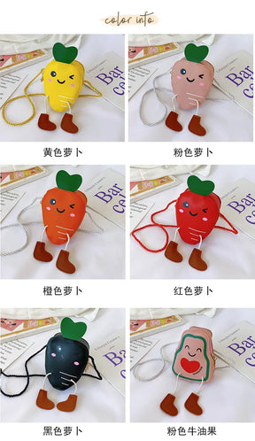 New Mini Cartoon Carrot PU Leather Children's Small Crossbody Bag Cute Kids One Shoulder Bag Boy Girl Sweet Messenger Bag Purse