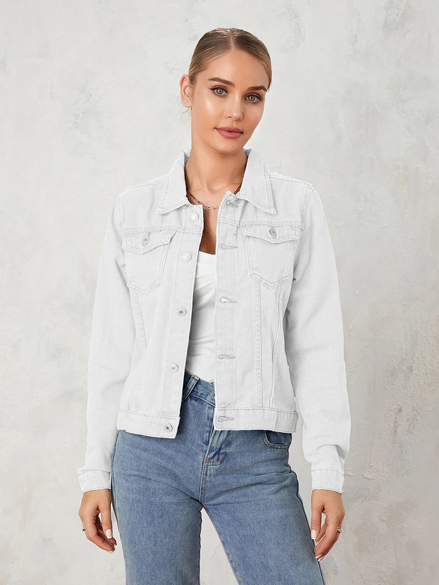 Women Denim Jacket Solid Color Black Blue Yellow Pink Red Casual Long Sleeve Button Down Chest Pocket Jean Jacket