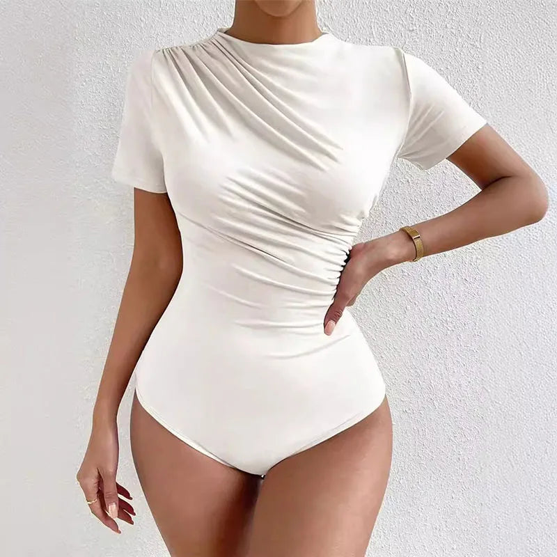 Luxury Europe and the United States spring and summer new slim-fit draw pleated short-sleeved onesie women's T-shirt