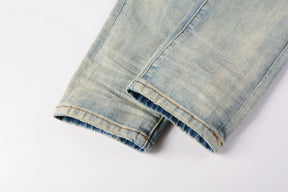 Purple jeans Men Fashion American high street brand Vintage wash blue paint distressed hole Repair Low Rise Skinny Denim pant