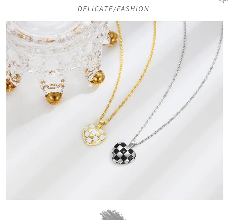Classic S925 Sterling Silver Black and White Checkered Love Heart Necklace-Unique Nordic Style Jewelry