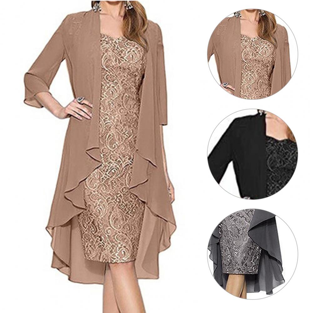Formal Dress Set Women Outfit Elegant Flower Pattern Lace Vintage Two Pieces Set Women Knitted Cardigan Dress Banquet