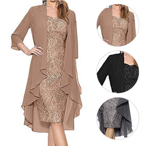 Formal Dress Set Women Outfit Elegant Flower Pattern Lace Vintage Two Pieces Set Women Knitted Cardigan Dress Banquet