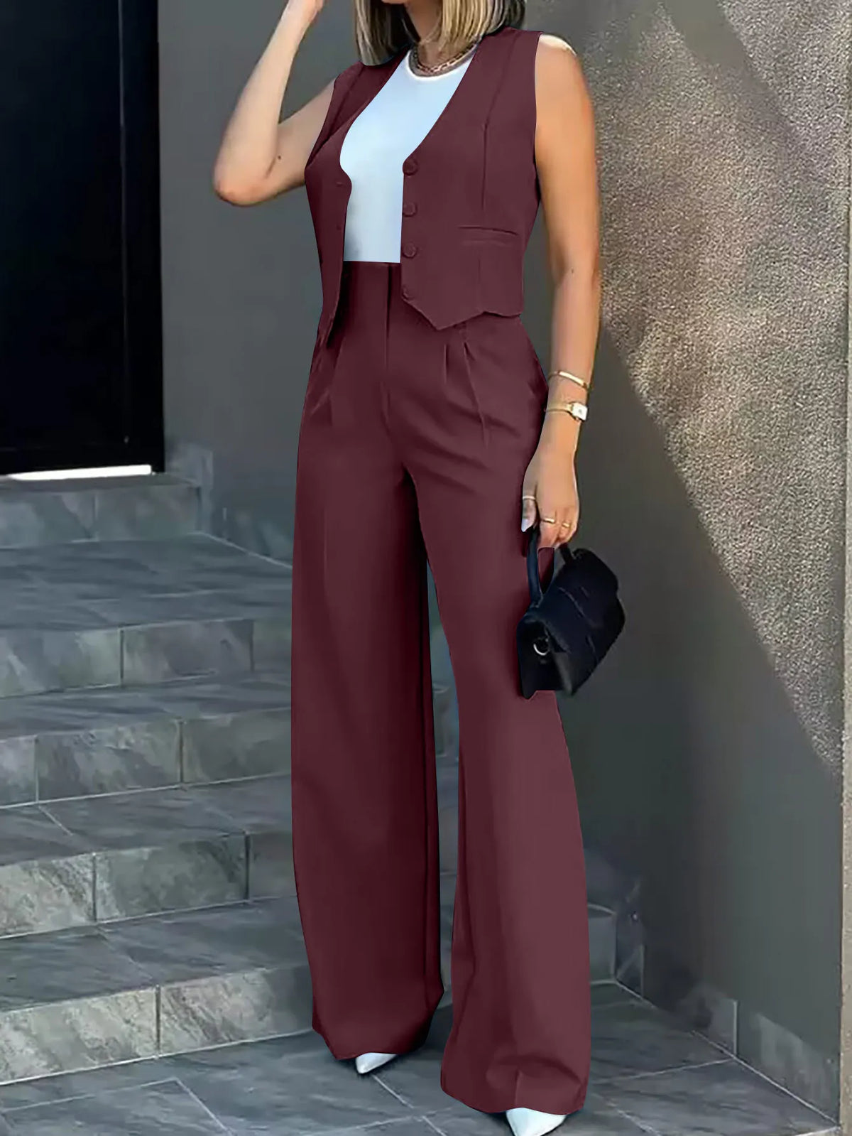 2024 Spring Summer Simple Graceful New Fashion Suit Vest Jacket Wide Leg Pants Casual Suit