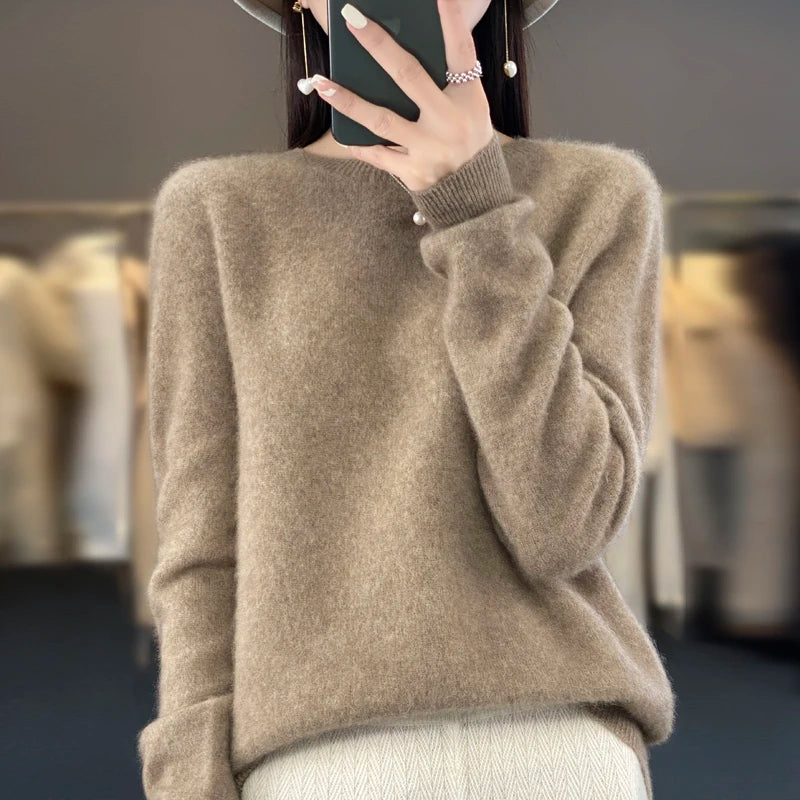 100% pure wool cashmere sweater women's O-neck pullover casual knit top autumn and winter women's coat Korean fashion