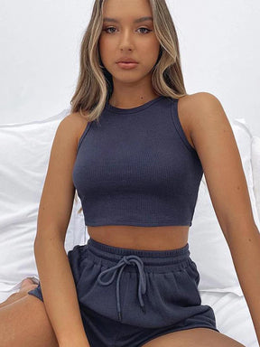 2024 Summer New Sleeveless Waffle Elegant Women's Sets Solid Color Sexy Waist Vest Casual Tethered Shorts Female's Two-Piece Set