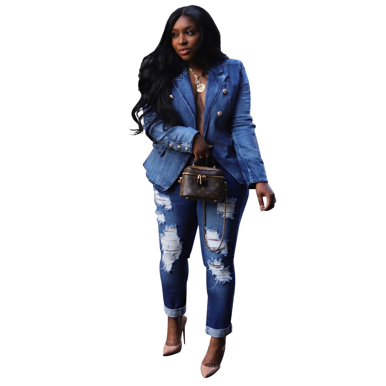 Women New Slim Double-Breasted Button Denim Jacket Coat Slim Long Sleeve Autumn Ripped Fashion Jacket Blazer