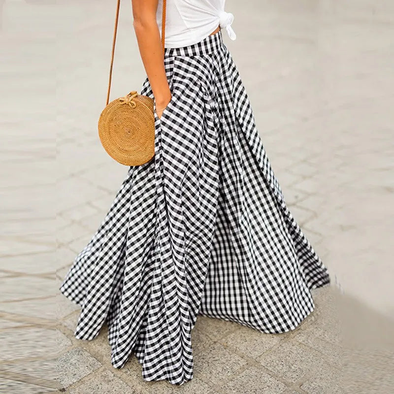 Spring/Summer Elegant and Fashion Style Checkered Medium to Long High Waist Large Swing Skirt with Drop Feeling Half Body Skirt