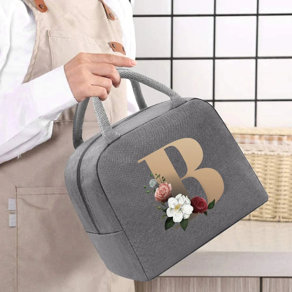 Thermal Food Picnic Lunch Box Insulated School Child Tote Lunch Bags for Work Cute Gold Letter Pattern Cooler Bag for Women