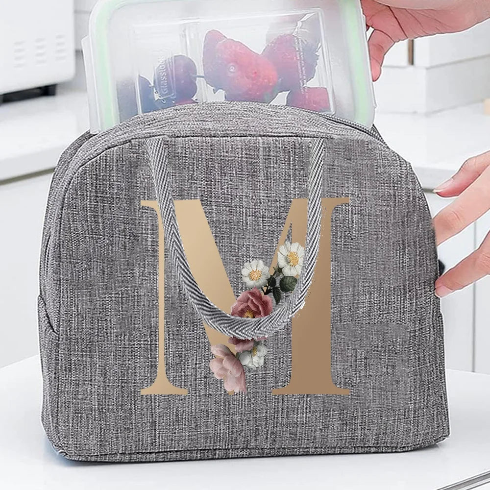 Thermal Food Picnic Lunch Box Insulated School Child Tote Lunch Bags for Work Cute Gold Letter Pattern Cooler Bag for Women