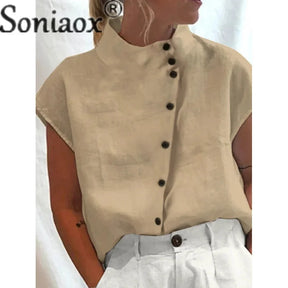 Elegant Cotton Linen Stand Neck Shirt Female 2023 Summer Simple Style Single-breasted Cardigan Tops Women's Casual Loose Blouse