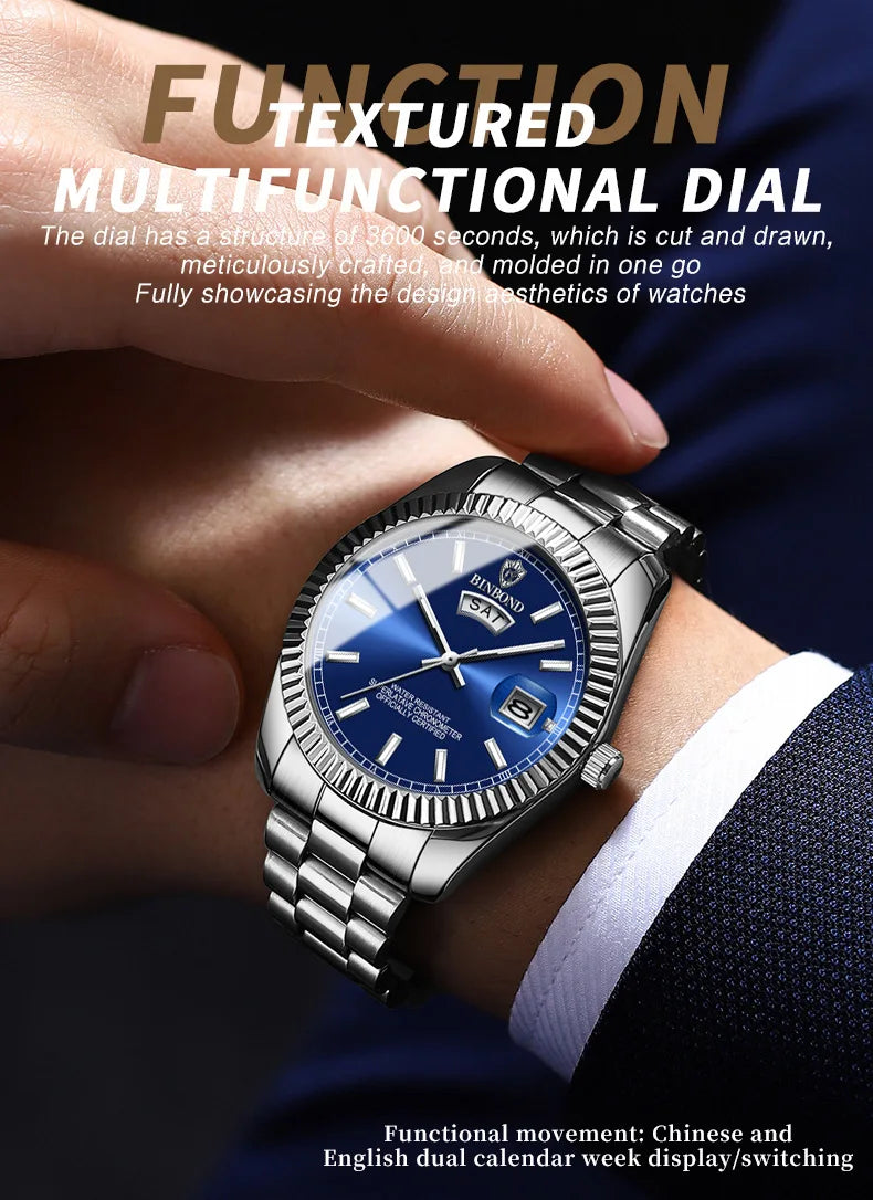 BINBOND B7012 Mens Fashion Business Sports Quartz Watch 30M Waterproof Luminous Classic Calendar Creative Clock Mens Wristwatch