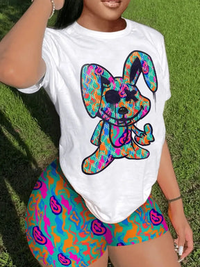 Casual Short Sleeve T T-shirt Shorts Set Office Lady Summer O-neck Cartoon Print Blouse Pants Two Piece Set Women Outfit 2023