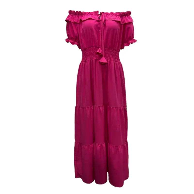 Women Fashion Ruffle One-piece Collar Dresses New Stretch Elasticated Waist Dress Female Commuter Casual Party Floor-length Gown