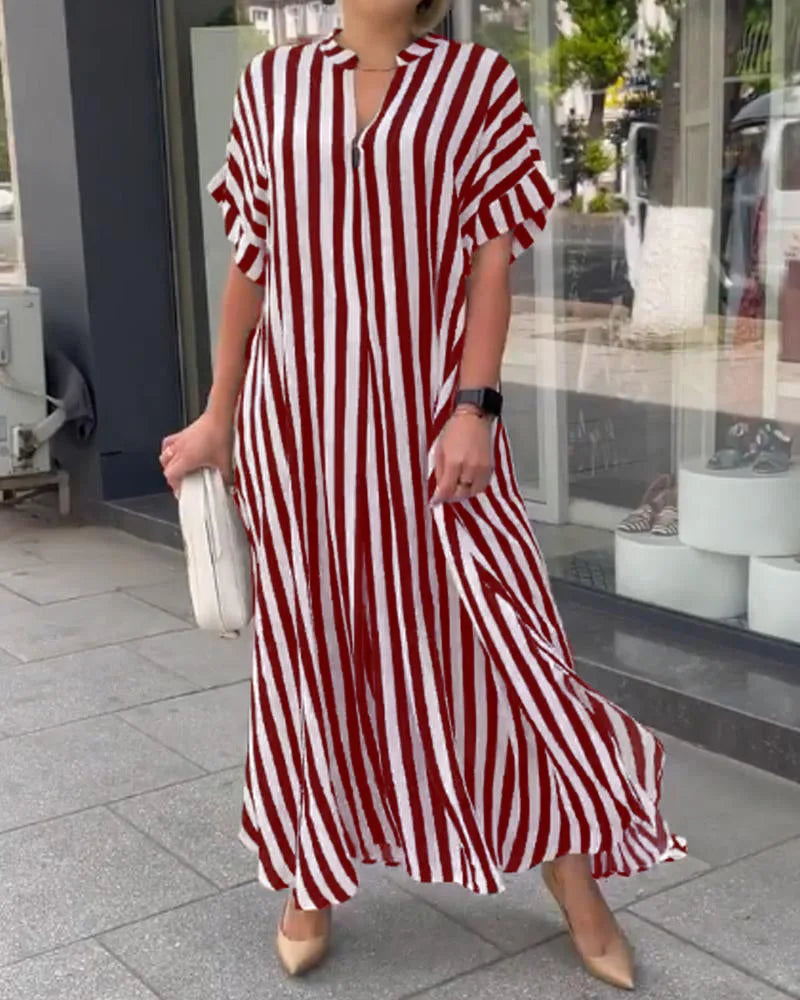 Summer Women's Striped Dress Shirt Black V-neck Loose Fashion Street Vacation Red Long Skirt