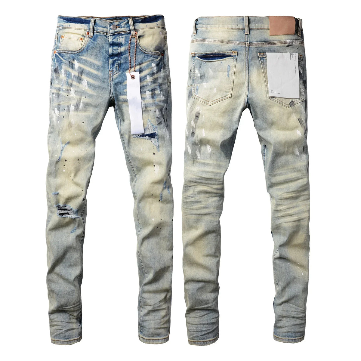 Purple jeans Men Fashion American high street brand Vintage wash blue paint distressed hole Repair Low Rise Skinny Denim pant