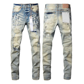 Purple jeans Men Fashion American high street brand Vintage wash blue paint distressed hole Repair Low Rise Skinny Denim pant