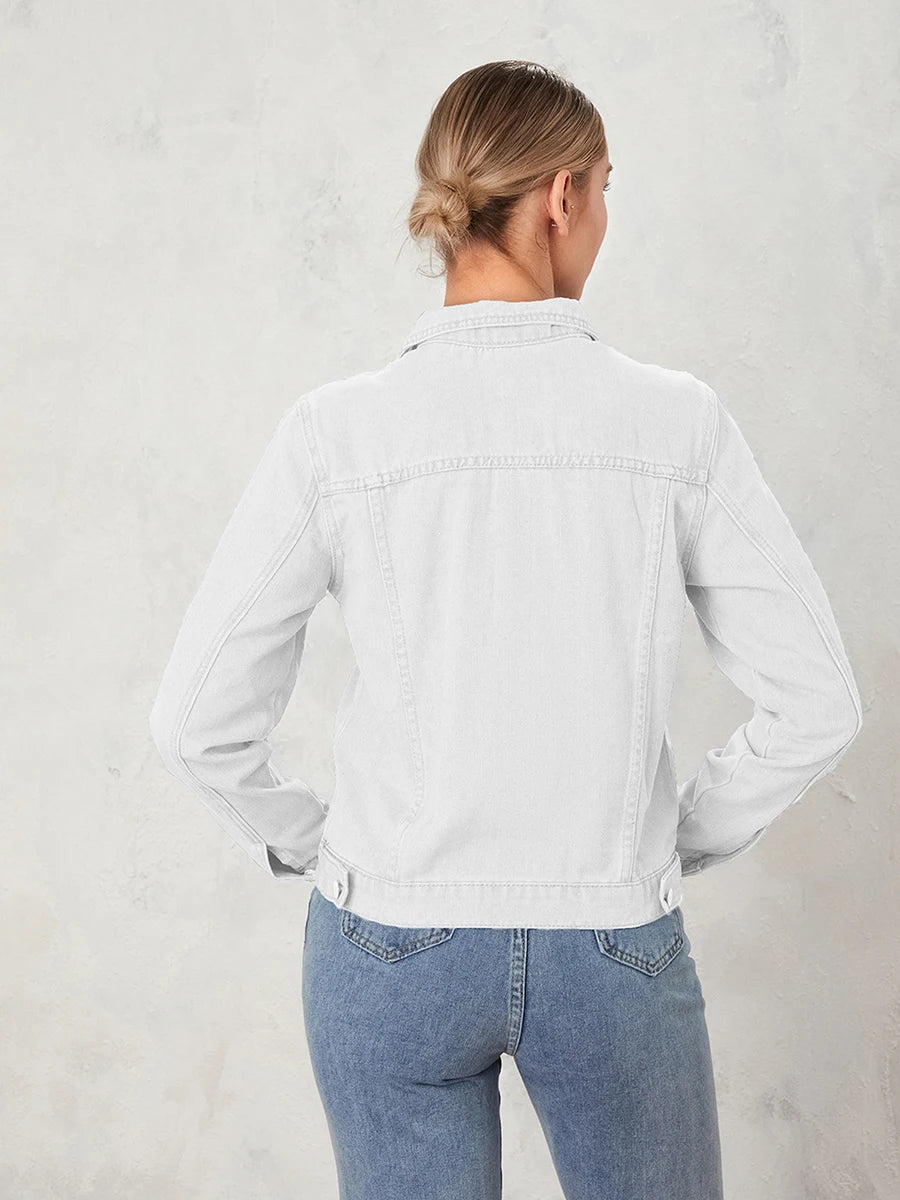 Women Denim Jacket Solid Color Black Blue Yellow Pink Red Casual Long Sleeve Button Down Chest Pocket Jean Jacket