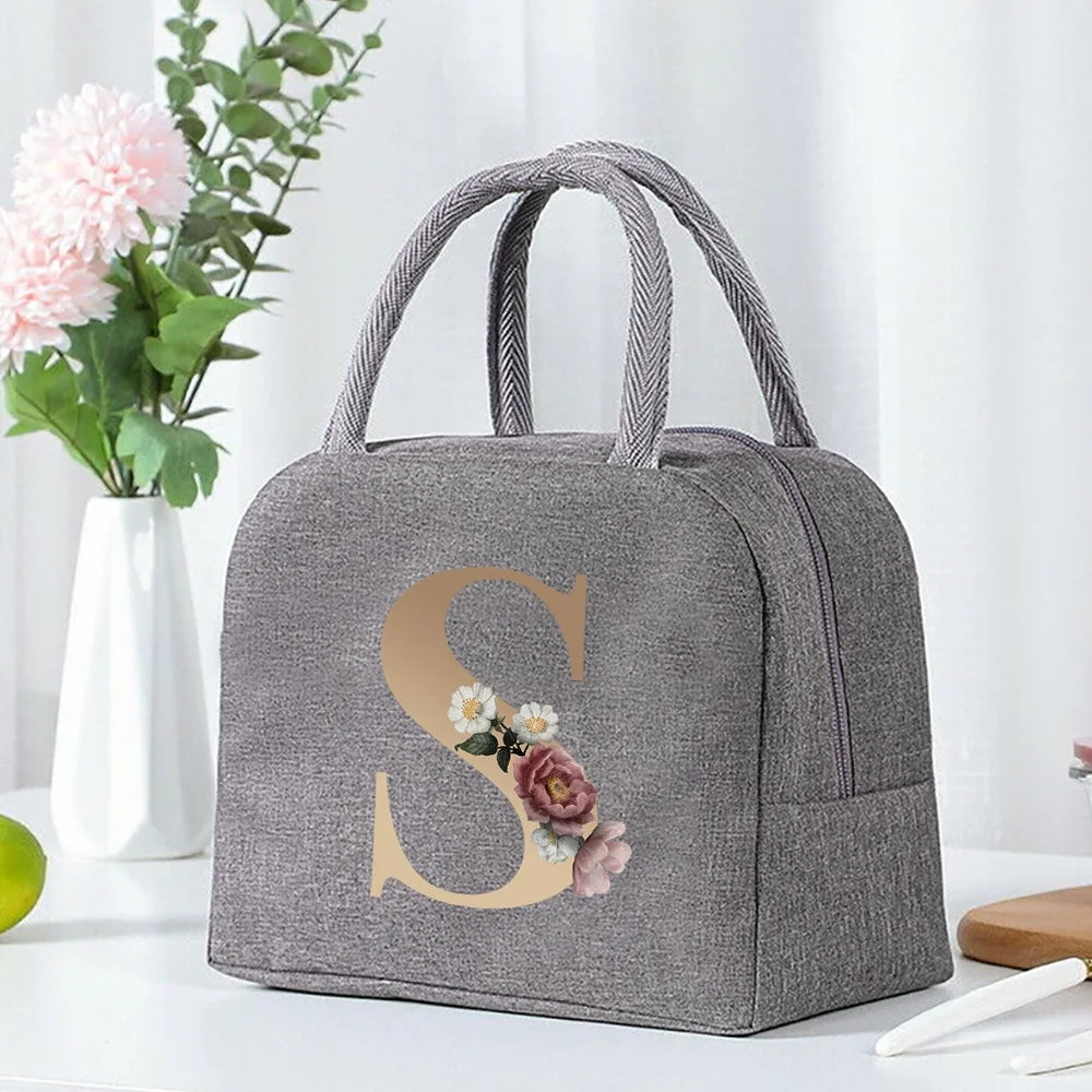 Thermal Food Picnic Lunch Box Insulated School Child Tote Lunch Bags for Work Cute Gold Letter Pattern Cooler Bag for Women