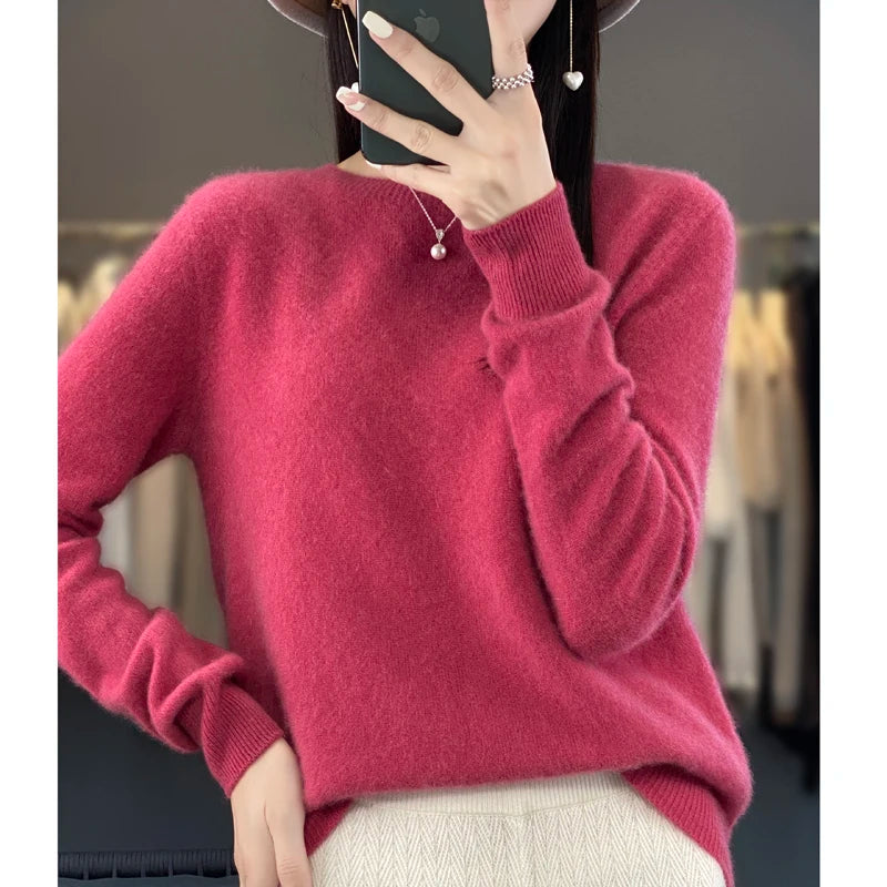 100% pure wool cashmere sweater women's O-neck pullover casual knit top autumn and winter women's coat Korean fashion