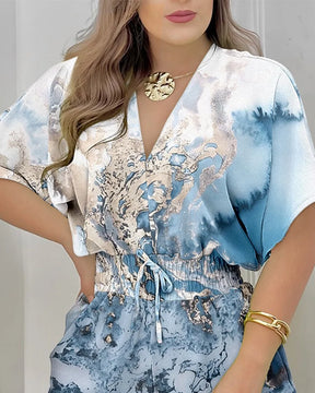 Elegant Women Summer Jumpsuit Casual Short Sleeve V Neck Lace-up Print Romper Jumpsuit Shorts Women's Clothing Overalls Female
