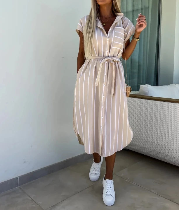 Elegant Women's Summer Dresses Commuter Casual Striped Strap Waist Collar Short Sleeve Casual Pocket Asymmetric Shirt Long Dress
