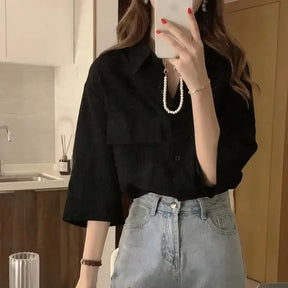 Korea One Pocket Loose Blouse Ins Summer French Sle Single-Breasted Round Neck Lace clothing Design sense fold Shirts Top