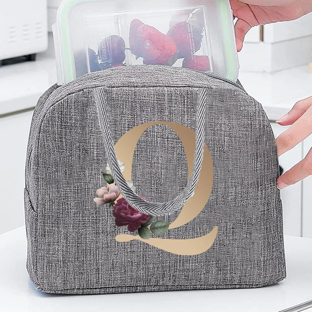 Thermal Food Picnic Lunch Box Insulated School Child Tote Lunch Bags for Work Cute Gold Letter Pattern Cooler Bag for Women