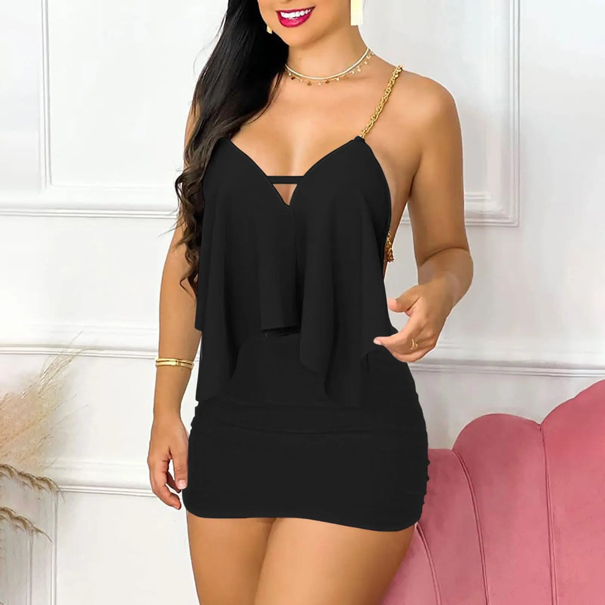 Short Sets 2025 Summer Women Top And Skirt Set With Fine Sling, Two Piece Elegant Suit With Open Back And Chain Conjuntos Para