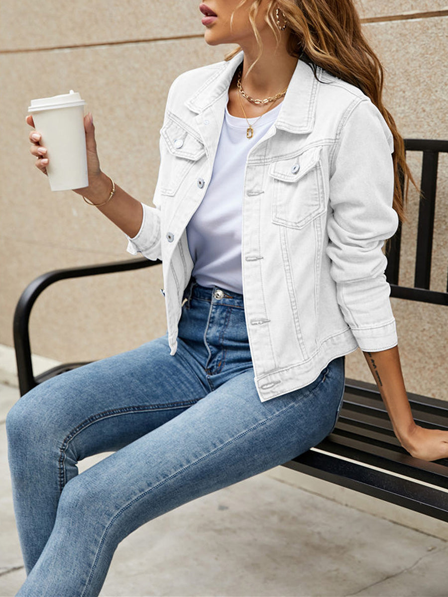 Women Denim Jacket Solid Color Black Blue Yellow Pink Red Casual Long Sleeve Button Down Chest Pocket Jean Jacket