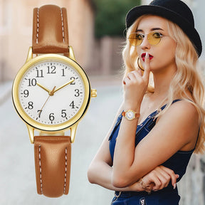 Leisure Fashion Women Quartz Watch Easy to Read Arabic Numerals Simple Dial PU Leather Strap Lady Candy Color