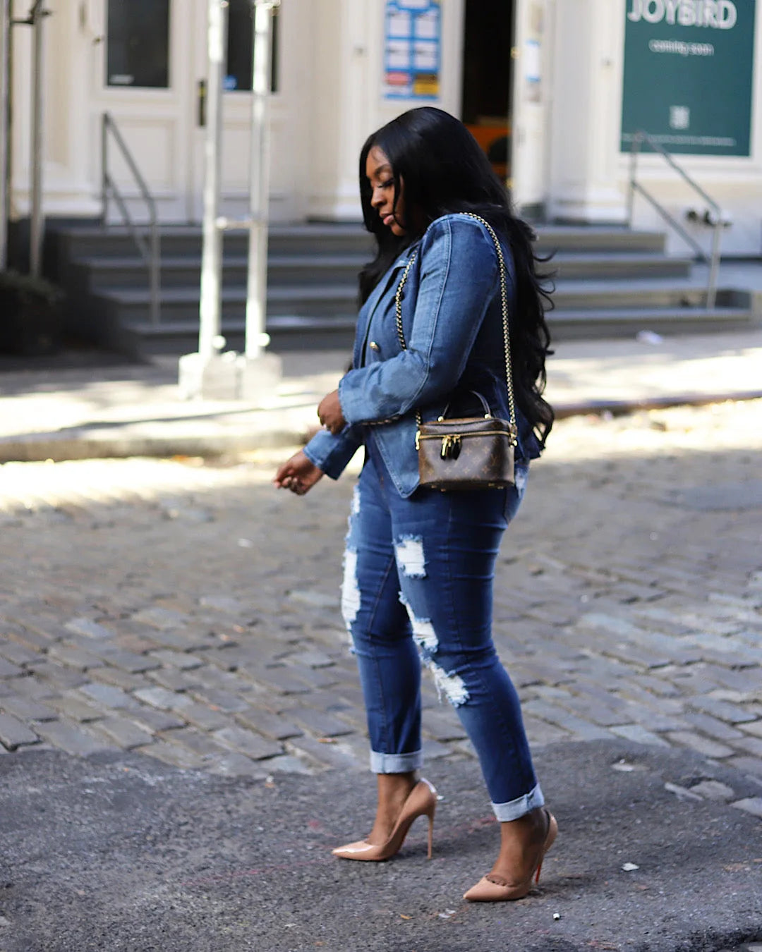Women New Slim Double-Breasted Button Denim Jacket Coat Slim Long Sleeve Autumn Ripped Fashion Jacket Blazer