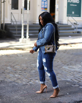 Women New Slim Double-Breasted Button Denim Jacket Coat Slim Long Sleeve Autumn Ripped Fashion Jacket Blazer