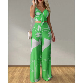 Summer Women Tropical Print Spaghetti Strap Casual Lace up Back Top &High Waist Pants Set 2 Pieces Suit Sets 2023 Woman Clothing