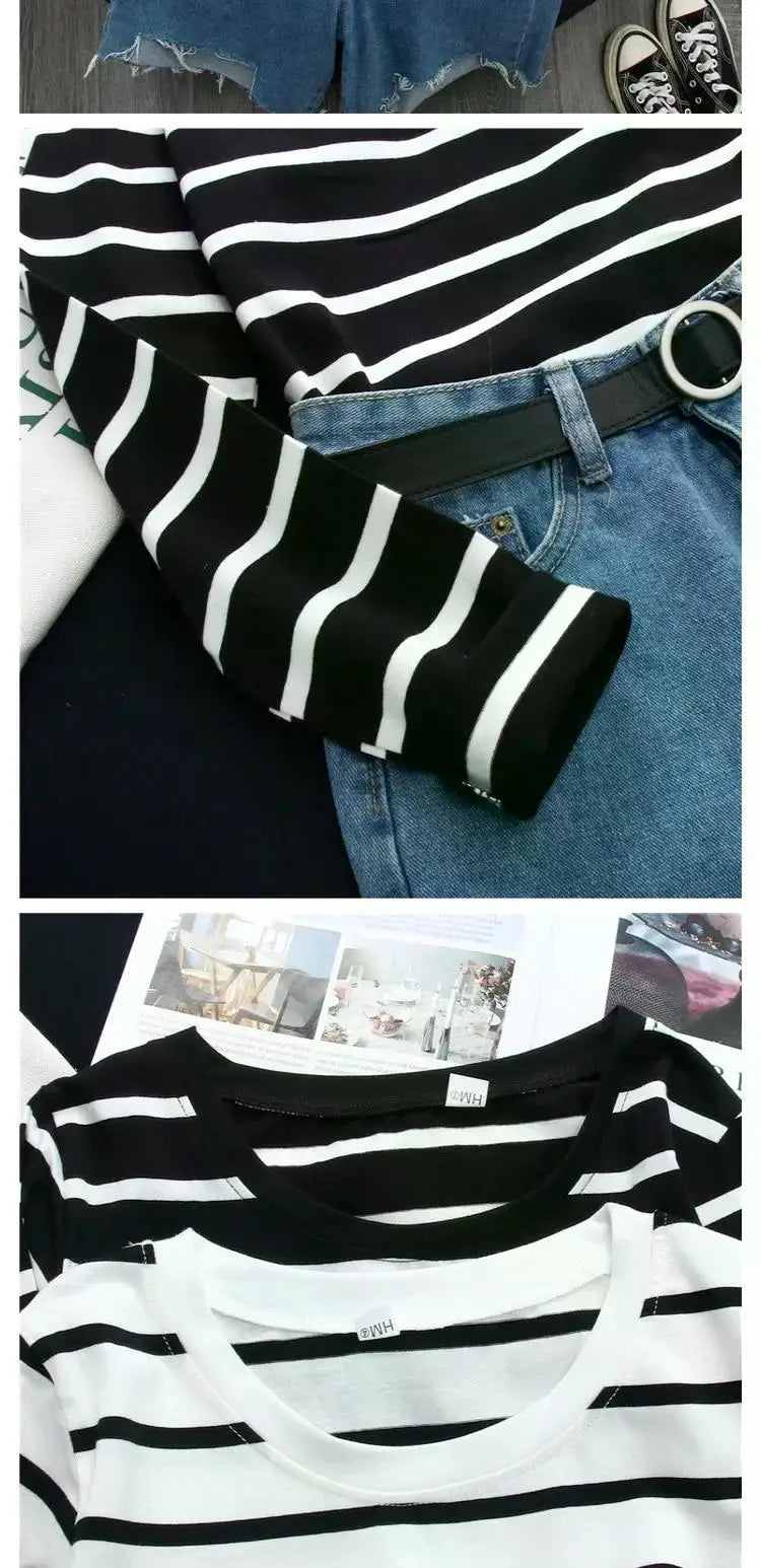 Women Loose Round Collar Autumn Stripes Print Loose Long Sleeve Casual Simple Wild T-Shirt