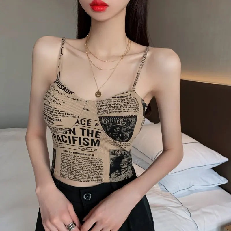 Women Push Up Camisole Padded Bra Sexy Top Suspender Tanks Fashion Printed Newspaper Camis Female Soft Sleeveless Tube Tops