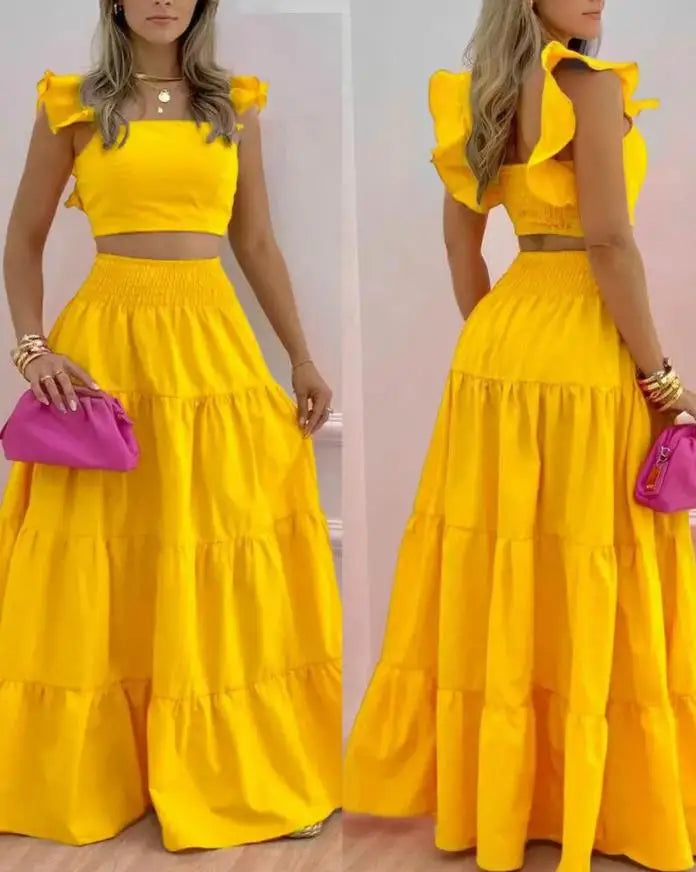 Commuting Style 2023 Fashion Holiday Floral Print O Neck Crop Top Shirr Slit High Waist Women Maxi Skirt Casual Sexy Sets