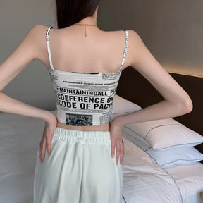 Women Push Up Camisole Padded Bra Sexy Top Suspender Tanks Fashion Printed Newspaper Camis Female Soft Sleeveless Tube Tops