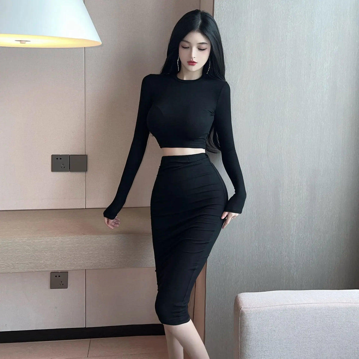 2023 Sexy Spicy Girl Bold Hollow Out Elegant Fashion Gentle Skirt Set Short Long Sleeve Top High Waist Skirt Set Female AIWB