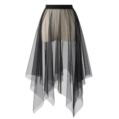 Black White Long Tulle Lace Mesh Skirt Women Petticoat Underskirt Summer Korean Irregular Cover Up Skirt Tutu Skirt For Girl